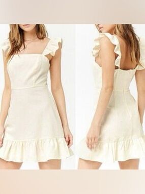Bleuh Ciel Cream Linen Ruffle-Sleeve Mini Dress